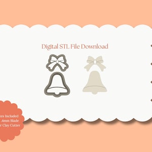 May include: Digital STL file download for a polymer clay cutter in the shape of a bell with a bow. The image shows the cutter in gray with a white bell and bow.
