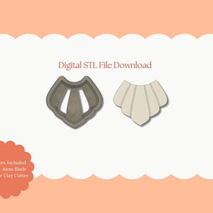 May include: Digital STL file download featuring a seashell-shaped polymer clay cutter and its corresponding design. The cutter is gray, and the design is beige. Text on the image reads "All Sizes Included Sharp .4mm Blade Polymer Clay Cutter".