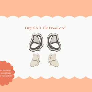May include: Digital STL File Download. The image shows two butterfly-shaped polymer clay cutters and two butterfly-shaped STL files. The text on the image says "All Sizes Included Sharp 4mm Blade Polymer Clay Cutter". The background is peach-coloured.