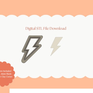 May include: Digital STL file download featuring two lightning bolt designs. One is outlined in gray, the other is a solid light gray. The text "Digital STL File Download" is in the center. The image is set against a peach background.