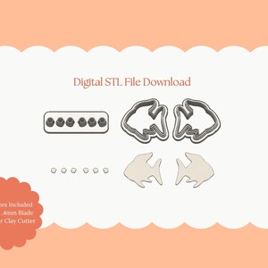 May include: Digital STL file download featuring various fish-shaped polymer clay cutters. The image includes different sizes and shapes of fish cutters, along with a rectangular cutter with six small circles. The text reads "All Sizes Included Sharp 4mm Blade Polymer Clay Cutter."