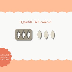 May include: Digital STL file download featuring a polymer clay cutter. The image shows a rectangular cutter with three oval cutouts, and three separate oval shapes. The text reads "All Sizes Included Sharp .4mm Blade Polymer Clay Cutter".