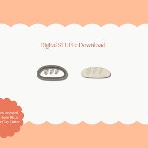 May include: Digital STL file download for a bread cutter. The image shows a gray outline of a loaf of bread and a white filled-in loaf of bread.
