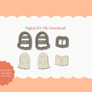 May include: A digital STL file download featuring several polymer clay cutter designs. The designs include ghost and book shapes. The text "Digital STL File Download" is at the top. The text "All Sizes Included Sharp 4mm Blade Polymer Clay Cutter" is at the bottom.