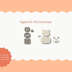 Puede incluir: Descarga digital de archivos STL con cortadores de arcilla polimérica con temática de Halloween. La imagen muestra varias formas, incluyendo un gato, una calabaza y caras de linternas. El texto en la imagen dice "All Sizes Included Sharp .4mm Blade Polymer Clay Cutter".