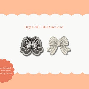 Può includere: Due taglierini in argilla polimerica a forma di fiocco. Uno è un design a strati con un contorno grigio, e l'altro è un fiocco pieno. L'immagine include il testo "Digital STL File Download" e "All Sizes Included Sharp .4mm Blade Polymer Clay Cutter".