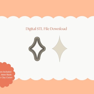 May include: Digital STL file download featuring two star-shaped designs. One is a star-shaped cutter, and the other is a solid star shape. The text "Digital STL File Download" is at the top. The text "All Sizes Included Sharp 4mm Blade Polymer Clay Cutter" is at the bottom.