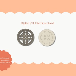 Peut inclure: Téléchargement de fichier STL numérique présentant deux modèles de boutons. L'un est un bouton circulaire détaillé avec un motif en forme de croix, l'autre est un bouton classique à quatre trous. Le texte "Digital STL File Download" est visible.