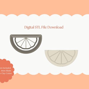 May include: Digital STL file download for a polymer clay cutter shaped like a half lemon. The cutter has a sharp 4mm blade and is available in multiple sizes.