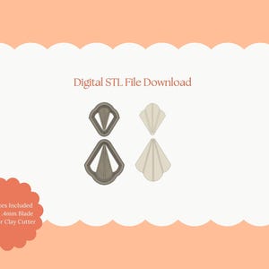 May include: Digital STL file download featuring two sets of polymer clay cutters. One set is a stylized shell shape, and the other is a geometric design. The image includes the text "All Sizes Included Sharp 4mm Blade Polymer Clay Cutter".