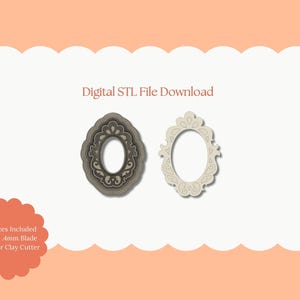 May include: Two oval-shaped polymer clay cutters. One is dark gray with an ornate design, the other is off-white with a delicate pattern. The image includes the text "Digital STL File Download" and "All Sizes Included Sharp .4mm Blade Polymer Clay Cutter".