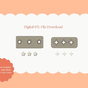 May include: Digital STL file download featuring two rectangular polymer clay cutters with star and diamond shapes, along with individual star and diamond cutouts. The text reads "All Sizes Included Sharp 4mm Blade Polymer Clay Cutter."