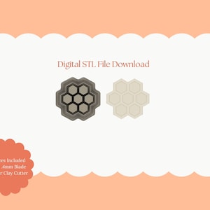 May include: Digital STL file download featuring two hexagon-shaped polymer clay cutters. One cutter is gray with black interior hexagons, and the other is beige. Text includes "All Sizes Included Sharp .4mm Blade Polymer Clay Cutter."