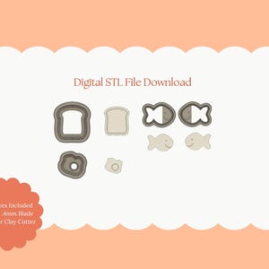 May include: Digital STL file download featuring various polymer clay cutters. The image includes cutters shaped like bread, fish, and an egg. The text on the image reads "All Sizes Included Sharp 4mm Blade Polymer Clay Cutter."