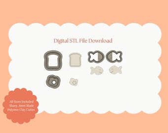 Juego de cortadores de arcilla con forma de tostadas y galletas / Descarga de archivo STL Juego de cortadores de arcilla polimérica para crear pendientes de comida DIY, joyas bonitas y accesorios para aperitivos
