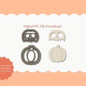 May include: A digital STL file download featuring four Halloween-themed cookie cutters. The designs include two skull shapes and two pumpkin shapes. The text "Digital STL File Download" is at the top. The image is set against a peach background.