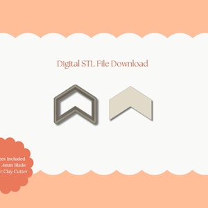 May include: Digital STL file download featuring two chevron-shaped polymer clay cutters. One cutter is a gray outline, and the other is a solid beige shape. The text "Digital STL File Download" is above the cutters. The text "All Sizes Included Sharp .4mm Blade Polymer Clay Cutter" is below.