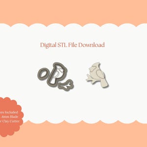 May include: Digital STL file download featuring a bird-shaped polymer clay cutter and a bird outline. The image includes the text "Digital STL File Download" and "All Sizes Included Sharp .4mm Blade Polymer Clay Cutter."