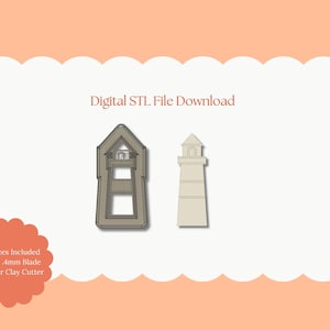 May include: Digital STL file download featuring two lighthouse designs. One is a detailed outline, the other a solid form. The image includes the text "Digital STL File Download" and "All Sizes Included Sharp 4mm Blade Polymer Clay Cutter."