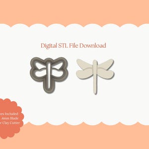 May include: Digital STL file download featuring two dragonfly designs. One is a gray outline, the other is a solid beige shape. The text "Digital STL File Download" is displayed in the image. The image is set against a peach background.