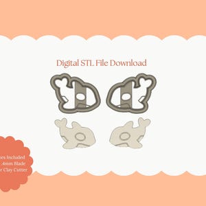 Op de afbeelding: Digitale STL-bestand download met vier polymeerklei-snijderontwerpen. De snijders hebben de vorm van een walvis en een walvisomtrek. De tekst "Digital STL File Download" staat bovenaan. De tekst "All Sizes Included Sharp 4mm Blade Polymer Clay Cutter" staat onderaan.