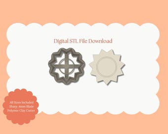 May include: Digital STL file download featuring two star-shaped cookie cutters. One is a detailed, gray-colored cutter with a cross design, and the other is a simple, beige-colored outline. The image includes the text "All Sizes Included Sharp 4mm Blade Polymer Clay Cutter."