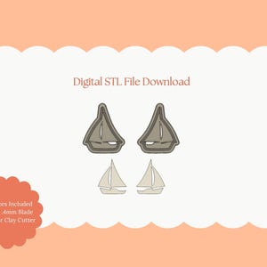 Pode incluir: Download digital de arquivo STL com designs de veleiros. A imagem mostra duas formas de veleiro cinza maiores e duas formas de veleiro bege menores. O texto inclui "Digital STL File Download" e "All Sizes Included Sharp 4mm Blade Polymer Clay Cutter."