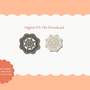 May include: Two spiderweb-shaped polymer clay cutters. One is gray with a dark outline, the other is beige. Text reads "Digital STL File Download" and "All Sizes Included Sharp .4mm Blade Polymer Clay Cutter".