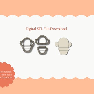 Puede incluir: Descarga de archivo STL digital con tres cortadores de arcilla polimérica con forma de cactus. Los cortadores son de color gris claro y están diseñados con cuchillas afiladas de 4 mm. Incluye el texto "Digital STL File Download".