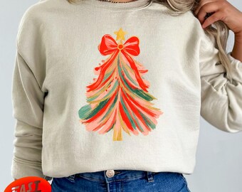 Coquette Kerstboom Sweatshirt, Geschilderde Kerstboom T-shirt, Schattig Boom T-shirt, Feestelijke Feesttop, Trendy Kerstshirt