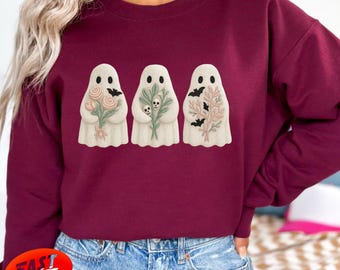 Halloween Ghost Sweatshirt, Faux Embroidery Halloween Ghost Shirt, Spooky Season Sweater, Halloween Cute Women Outfit, Halloween Gift