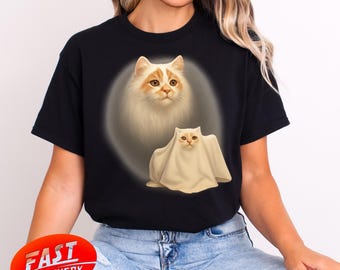 ゴースト子猫の快適シャツ、レトロなハロウィン猫グラフィックシャツ、面白いハロウィンギフト、猫ハロウィンシャツ、不気味な季節の猫スウェットシャツ