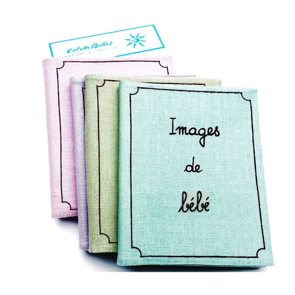 Linen small photo album for a baby boy/baby girl. Simple brag book with French words for sonograms, baby shower or newborn gift. 4x6 photos