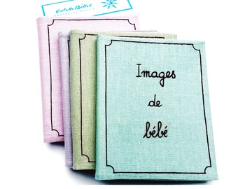 Linen small photo album for a baby boy/baby girl. Simple brag book with French words for sonograms, baby shower or newborn gift. 4x6 photos