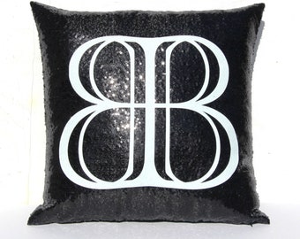 Black sequins Bar/Bat mitzvah custom party pillow 16x16 personalized black, white, silver, gold, pink, blue with glitter logo. Sweet sixteen