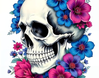 Puede incluir: Un cráneo humano blanco con un dibujo detallado de los dientes está rodeado de flores rosas y azules. El cráneo está mirando hacia la derecha y las flores están dispuestas alrededor del cráneo en un patrón circular.