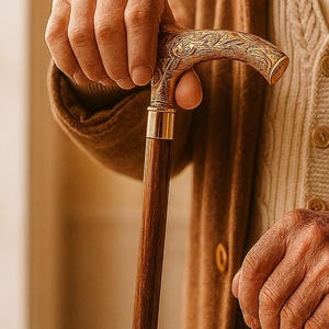 37&quot; Brass Adjustable Wooden Walking Stick Cane For Men And Women, Handmade Wooden Walking Staff, Brown Natural Wood Cane, Gift For Parents