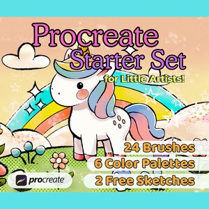 以下が含まれることがあります： Procreateのデジタルアートスターターセット。虹と「Procreate Starter Set for Little Artists!」の文字が入った漫画のユニコーンが特徴です。24本のブラシ、6つのカラーパレット、2つの無料スケッチが含まれています。