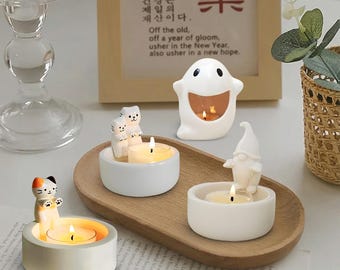 Cute Animal Tealight Candle Holder Set, Kawaii Cat Ghost Gnome Candle Holder, Minimalist Home Decor, Cozy Aesthetic Gift, Desk & Shelf Decor