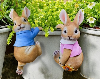 Rabbit Garden Ornaments Resin Statue, Garden Cartoon Bunny Outdoor Art, Couple Animal Figurines, Pot Garden Fence Hanger, Easter Yard Home.