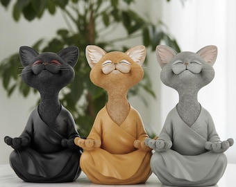 Zen Cat Meditation Statues, Yoga Cat Figurines for Calm Home Decor, Mindfulness Gift, Modern Minimalist Desk Ornament