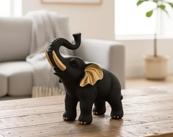 Gold & Black Elephant Decor Statue, Modern Lucky Elephant Figurine, Luxury Home Accent, Minimalist Animal Sculpture, Office Desk Decor Gift
