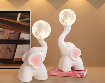 Elephant Moon Lamp, Cute Night Light, LED Animal Lamp, Nursery Decor, Kids Room Light, Bedside Lamp, Baby Shower Gift, Home Decor