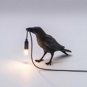 May include: A black crow figurine standing on its feet, holding a thin black cord in its beak. Attached to the end of the cord is a small, glowing light bulb that illuminates the area below the bird's head. The entire structure is a lamp.