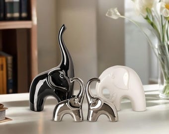 Luxury Elephant Statue Set, Modern Abstract Elephant Figurines, Black White Silver Home Decor, Minimalist Shelf Accent, Living Room Decor