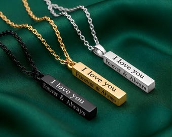 Personalized Bar Necklace, Engraved “I Love You Forever & Always” Pendant, Minimalist Vertical Necklace, Romantic Couple Gift for Her/Him.
