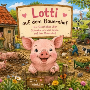 Könnte beinhalten: Kinderbuchcover mit einem fröhlichen rosa Schwein vor einem Holzzaun. Der Titel "Lotti auf dem Bauernhof" ist zu sehen. Die Illustration zeigt eine Bauernhofszene mit Schweinen, einem Traktor und anderen Hoftieren.