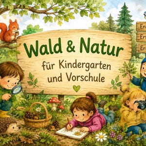 May include: A whimsical illustration featuring children exploring nature. A wooden sign reads "Wald & Natur" with text below. Children are shown with a magnifying glass, binoculars, and a leaf. A squirrel, birdhouse, and deer are also present.