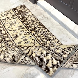2x3 Vintage Rug, Door Mat, Bath Mat, Turkish Rug, Oushak Rug, Beige Brown, Wool Handmade Doormat, Patchwork Rug, Small Rug 2x3, 1.5x3.2 ft