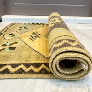 2x3 Vintage Rug, Door Mat, Bath Mat, Turkish Rug, Oushak Rug, Brown Rug, Wool Handmade, Geometric Rug, Small Rug 2x3, Mini Rug, 1.6x3.2 ft
